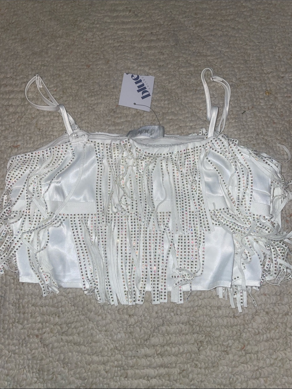 White Rhinestone Fringe Satin Crop Top SzM